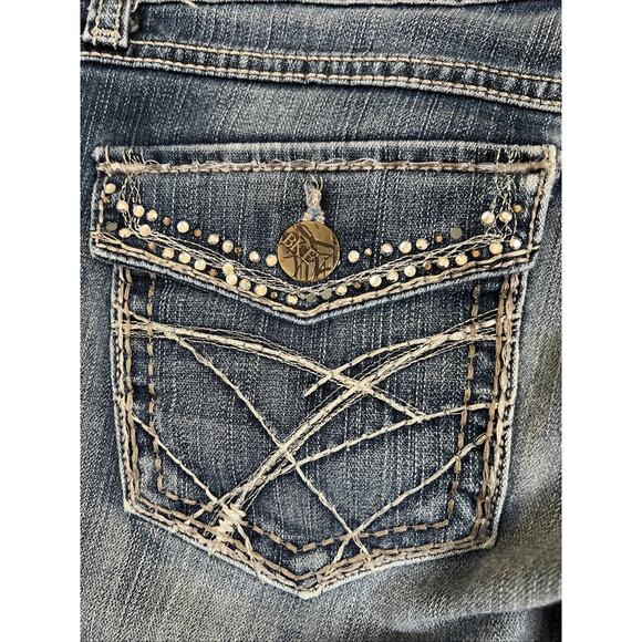 BKE Jeans Womens 31 Blue Sabrina Bootcut Denim Flap Pockets Thick Stitch Bling - Picture 3 of 16